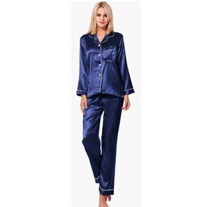 AMAZON, Navy blue satin silk pyjamas set
